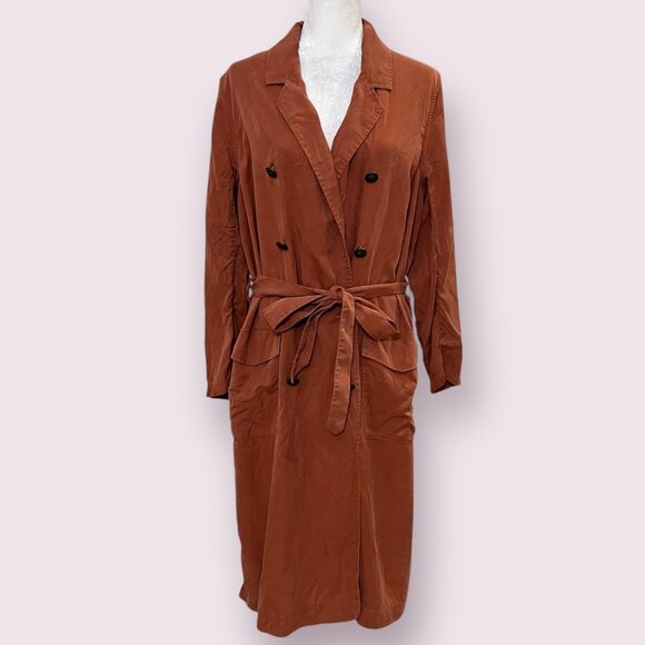 Free People Rust Orange Tencel Lyocell Belted Long Trench Coat Jacket Size M - Picture 2 of 11
